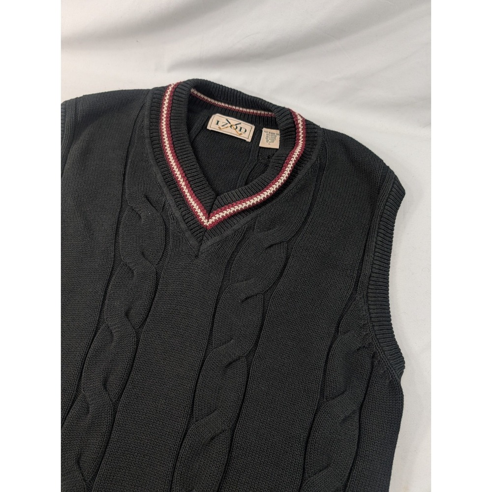 Vintage Izod Sweater Vest Cable Knit Black Large Cotton Blend Y2K 90s Relaxed